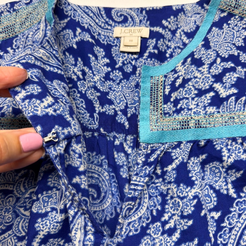 J.Crew Blue Paisley Print Long Sleeve Tunic Blouse XS Coastal Boho Resort Top - Picture 4 of 8